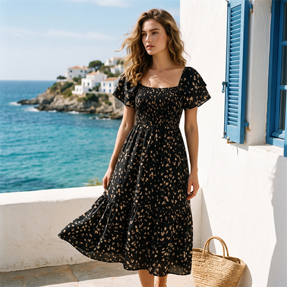 🌈2026 New Arrive Summer Hot Sale 50% OFF!✨Square Neck Floral Midi Dress – Smocked Bodice, Flowy Tiered Skirt🌸