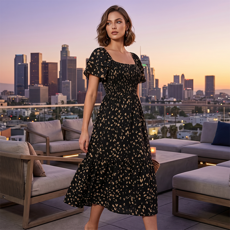 🌈2026 New Arrive Summer Hot Sale 50% OFF!✨Square Neck Floral Midi Dress – Smocked Bodice, Flowy Tiered Skirt🌸