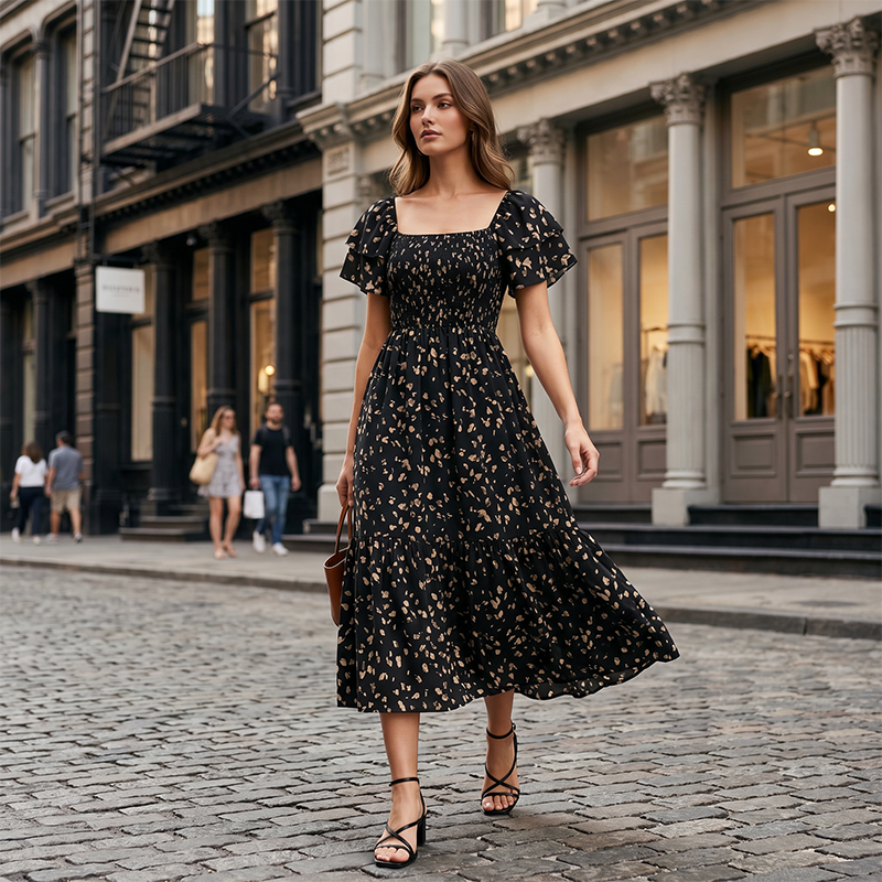 🌈2026 New Arrive Summer Hot Sale 50% OFF!✨Square Neck Floral Midi Dress – Smocked Bodice, Flowy Tiered Skirt🌸