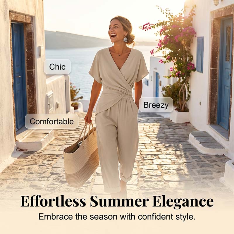 🤍 Elegant Two-Piece Set – Wrap V-Neck, Twist Waist, Capri Pants. 46% OFF Free Shipping!
