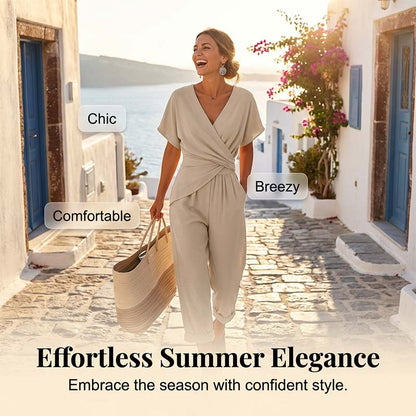 🤍 Elegant Two-Piece Set – Wrap V-Neck, Twist Waist, Capri Pants. 46% OFF Free Shipping!