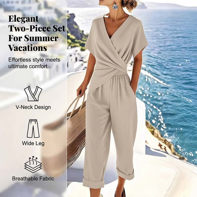 🤍 Elegant Two-Piece Set – Wrap V-Neck, Twist Waist, Capri Pants. 46% OFF Free Shipping!
