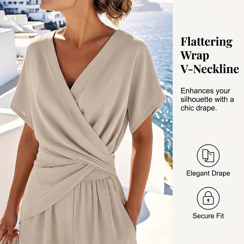 🤍 Elegant Two-Piece Set – Wrap V-Neck, Twist Waist, Capri Pants. 46% OFF Free Shipping!