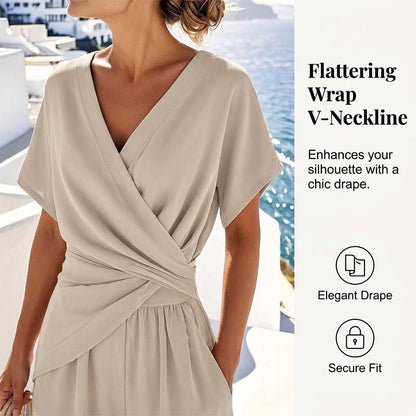 🤍 Elegant Two-Piece Set – Wrap V-Neck, Twist Waist, Capri Pants. 46% OFF Free Shipping!