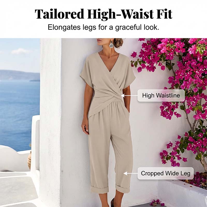 🤍 Elegant Two-Piece Set – Wrap V-Neck, Twist Waist, Capri Pants. 46% OFF Free Shipping!