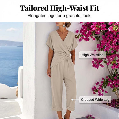 🤍 Elegant Two-Piece Set – Wrap V-Neck, Twist Waist, Capri Pants. 46% OFF Free Shipping!