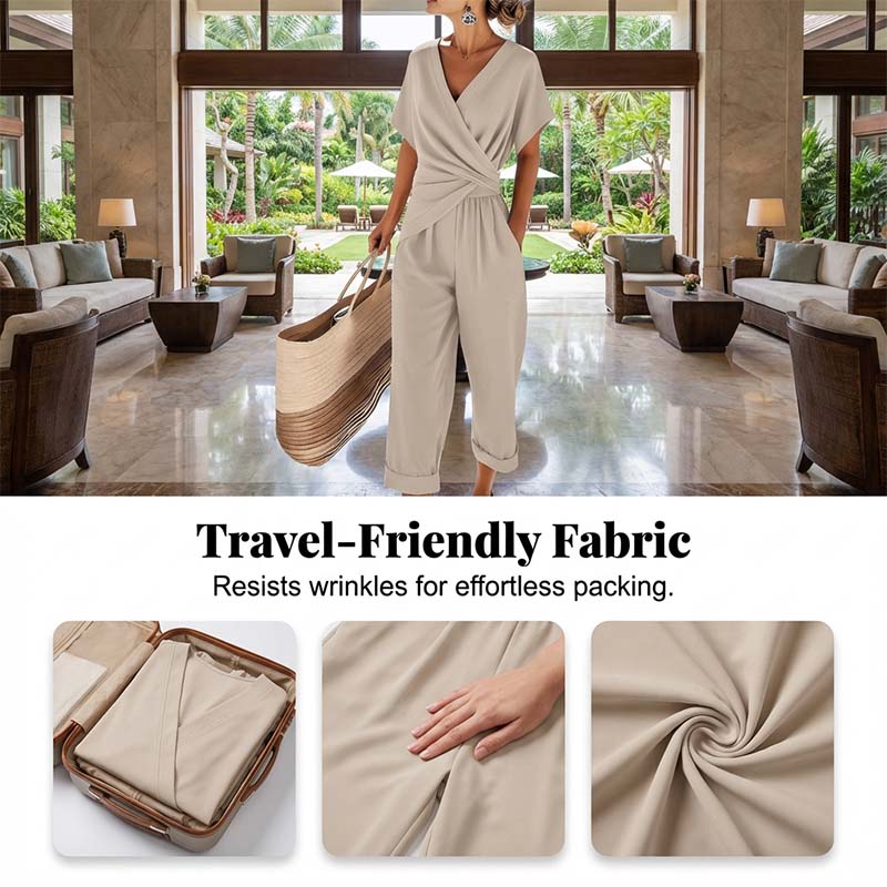 🤍 Elegant Two-Piece Set – Wrap V-Neck, Twist Waist, Capri Pants. 46% OFF Free Shipping!