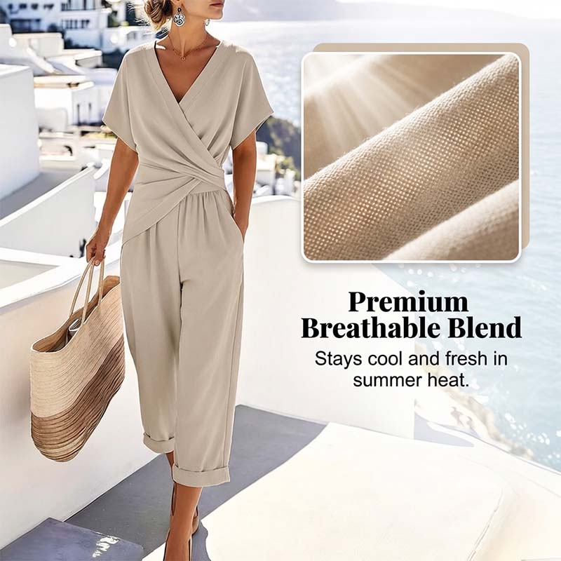 🤍 Elegant Two-Piece Set – Wrap V-Neck, Twist Waist, Capri Pants. 46% OFF Free Shipping!