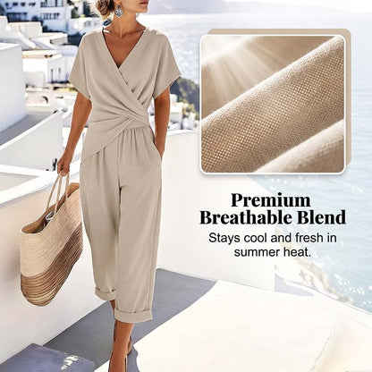🤍 Elegant Two-Piece Set – Wrap V-Neck, Twist Waist, Capri Pants. 46% OFF Free Shipping!