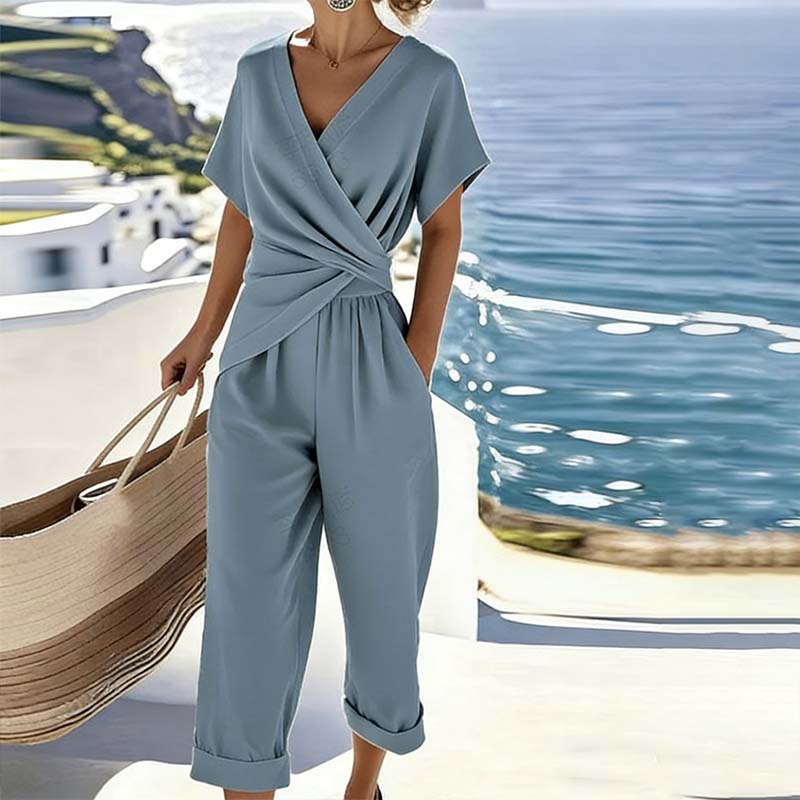 🤍 Elegant Two-Piece Set – Wrap V-Neck, Twist Waist, Capri Pants. 46% OFF Free Shipping!
