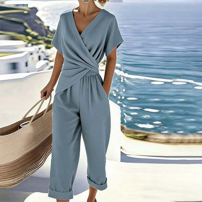 🤍 Elegant Two-Piece Set – Wrap V-Neck, Twist Waist, Capri Pants. 46% OFF Free Shipping!
