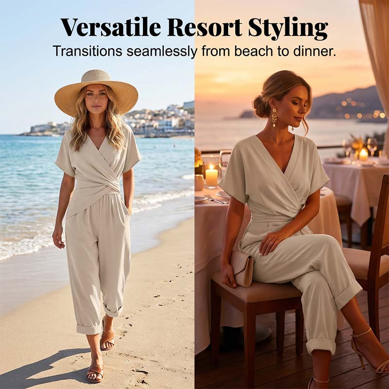 🤍 Elegant Two-Piece Set – Wrap V-Neck, Twist Waist, Capri Pants. 46% OFF Free Shipping!