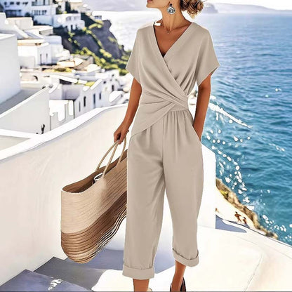 🤍 Elegant Two-Piece Set – Wrap V-Neck, Twist Waist, Capri Pants. 46% OFF Free Shipping!