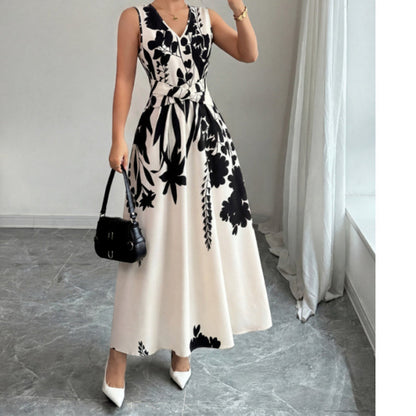 Women's Floral Print V-Neck Twisted Waist Maxi Dress