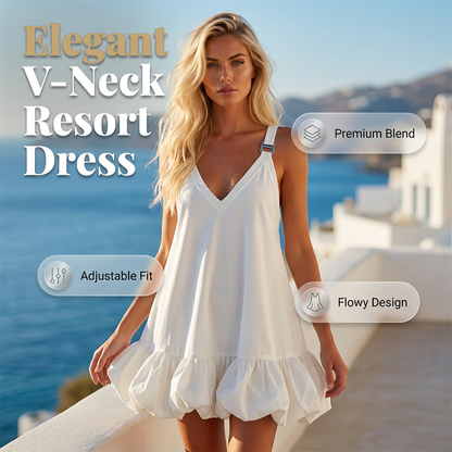 🌸 Deep V-Neck Bubble Ruffle Dress Adjustable Metallic Straps Voluminous Flounce Hem💃Airy Resort Elegance 49% OFF Today!
