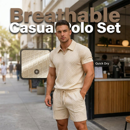 👕 Men's Jacquard T-Shirt Shorts Set, Textured Geometric Knit, V-Neck Contrast Lapel, 🌿 Breathable Wrinkle-Free Casual Wear. 49% OFF Today!