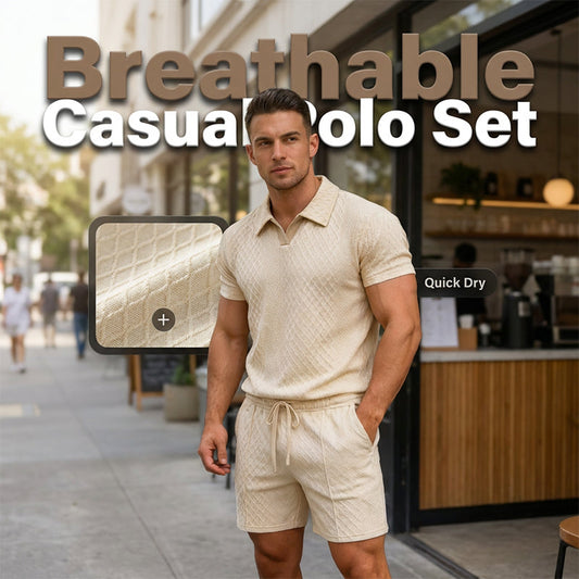 👕 Men's Jacquard T-Shirt Shorts Set, Textured Geometric Knit, V-Neck Contrast Lapel, 🌿 Breathable Wrinkle-Free Casual Wear. 49% OFF Today!