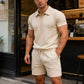👕 Men's Jacquard T-Shirt Shorts Set, Textured Geometric Knit, V-Neck Contrast Lapel, 🌿 Breathable Wrinkle-Free Casual Wear. 49% OFF Today!