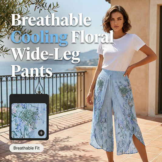 🌊 Floral High-Waist Wide-Leg Pants, Smocked Flexible Waist, Breathable Soft Fabric, 💫 Chic Side Slit, Effortless Vacation Style. Save 49% Now!