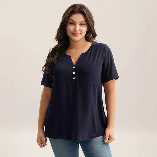 👚 Elegant Button V-Neck Plus Size Tee Cuffed Sleeves Casual Fit 🌿 Breathable Soft Blend Versatile Everyday Essential 50% OFF Today