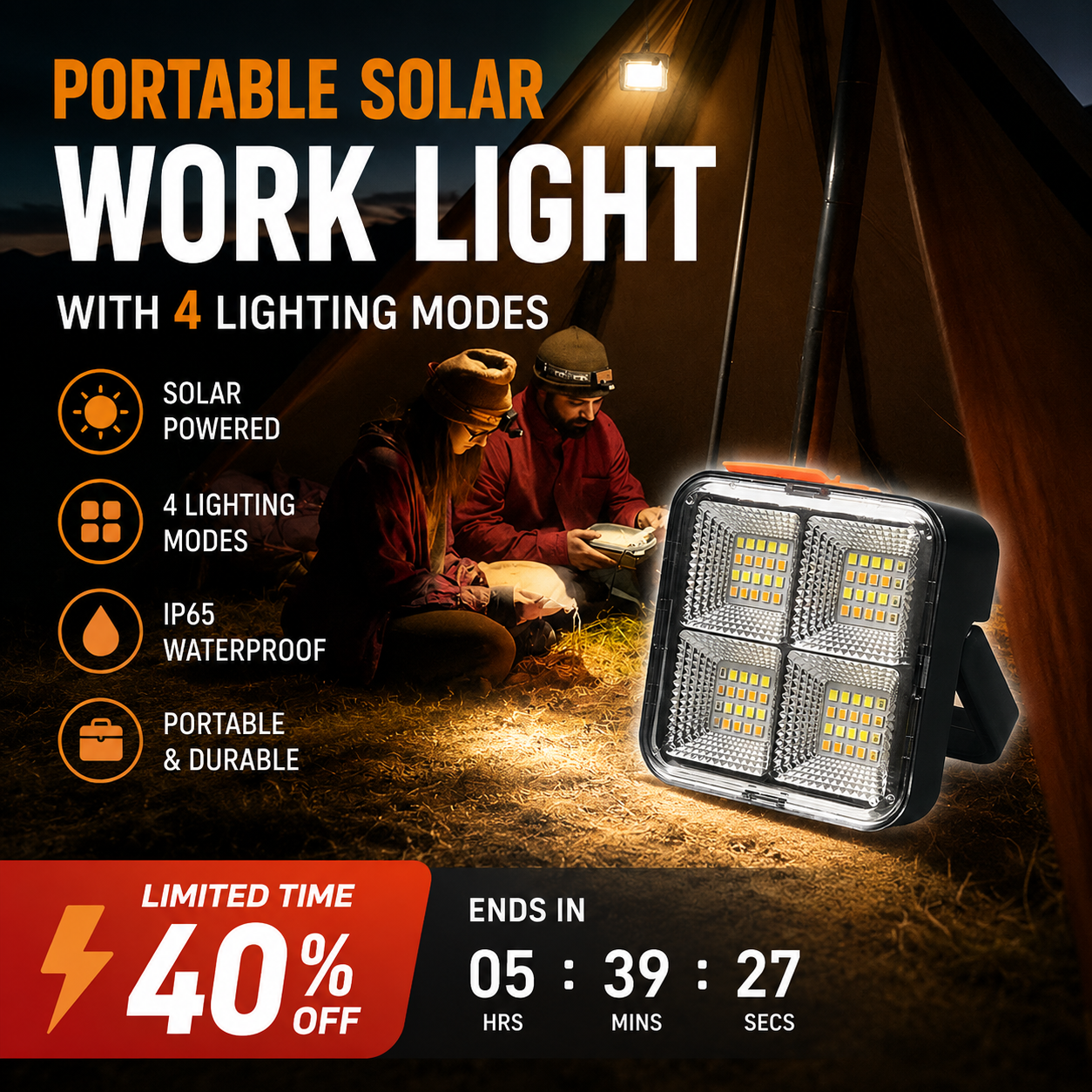 💥 Trending Picks - BUY 2 GET 1 FREE🛍️Portable Solar Work Light – 4-Mode Rechargeable LED Light for Outdoor & Emergency Use