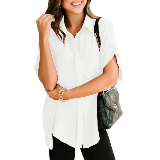 🔥2026 Summer Hot Sale 49% OFF💥Women's Tops Casual V Neck Button Down Shirts Solid Short Sleeve Blouses