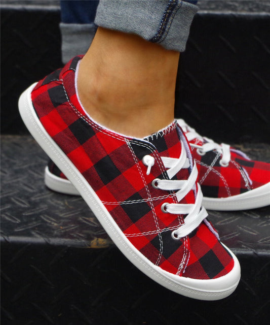 2021 Women's Lace-up Check Denim Canvas Sneakers