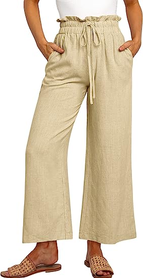 Women's High Waist Drawstring Wide Leg Linen Pants