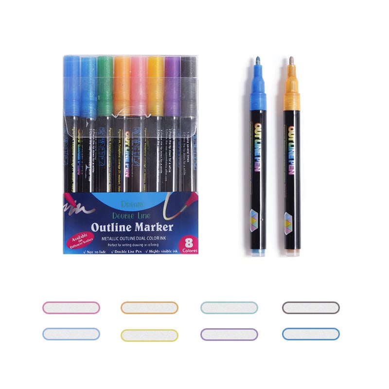 8pcs double line outline marker Pens with metallic ink